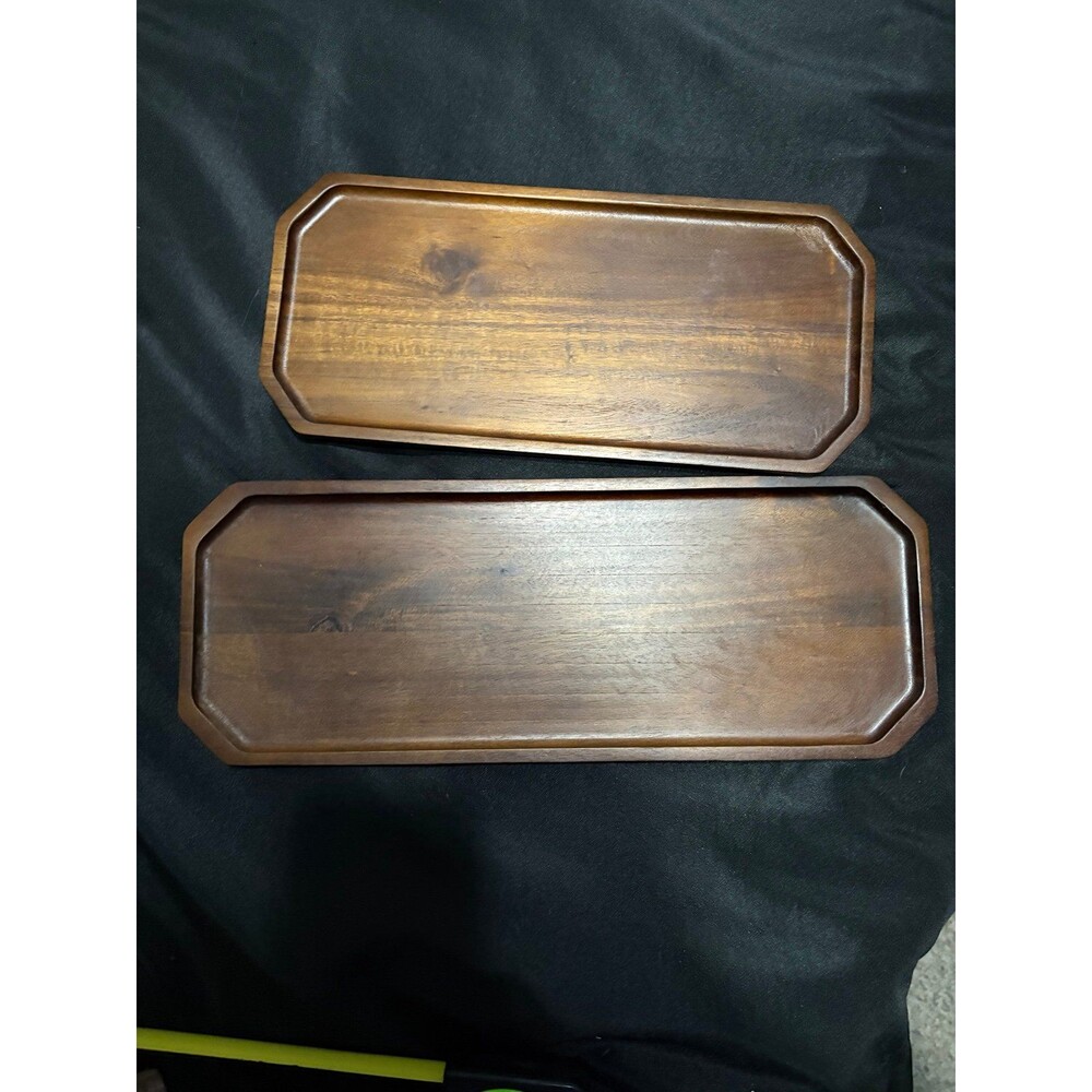 Set of 2 Solid Acacia Wood Serving Trays 16" and 12" Rectangular Wooden Serving